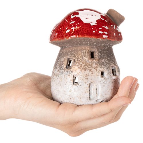 Casa a forma di fungo, faro, statuetta decorativa in amanita muscaria con camino, 10 cm, 2 pezzi | Floristik24.it
