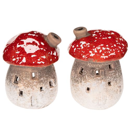 Casa a forma di fungo, faro, statuetta decorativa in amanita muscaria con camino, 10 cm, 2 pezzi | Floristik24.it