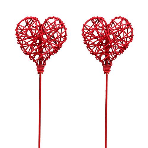 Floristik24 Cuore in rattan su bastone rosso 7 cm L45 cm 18 pz