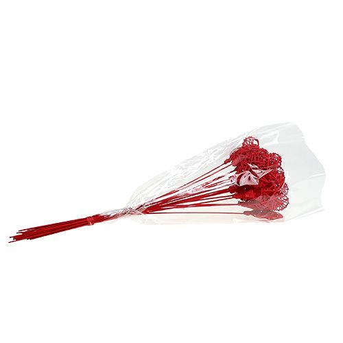 Floristik24 Cuore in rattan su bastone rosso 7 cm L45 cm 18 pz