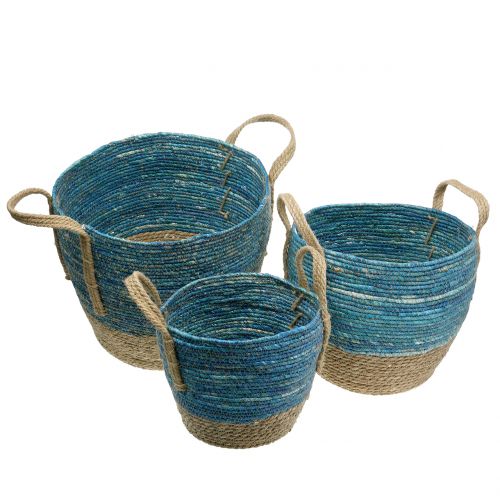 Floristik24 Cesto in rattan natura/blu Ø40/32/26cm 3pz