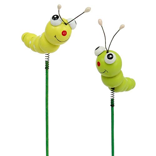 Bruco in legno su bastone verde, giallo 8cm 24pz