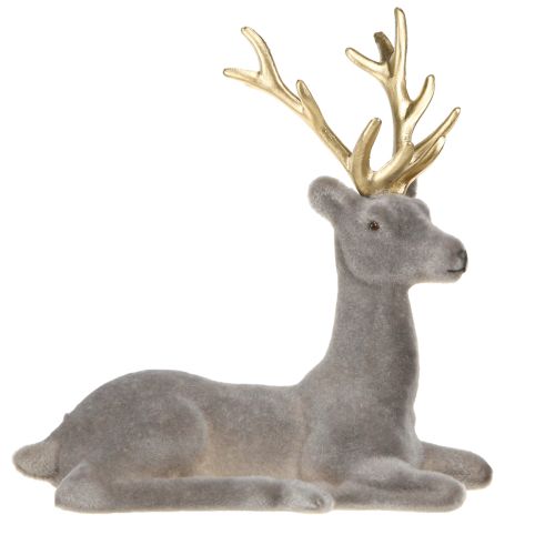 Decorazione cervo seduto floccato grigio oro 15×6×15,5cm