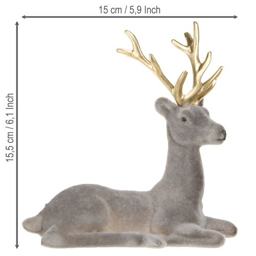 Prodotto Decorazione cervo seduto floccato grigio oro 15×6×15,5cm
