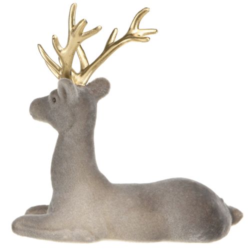 Prodotto Decorazione cervo seduto floccato grigio oro 15×6×15,5cm