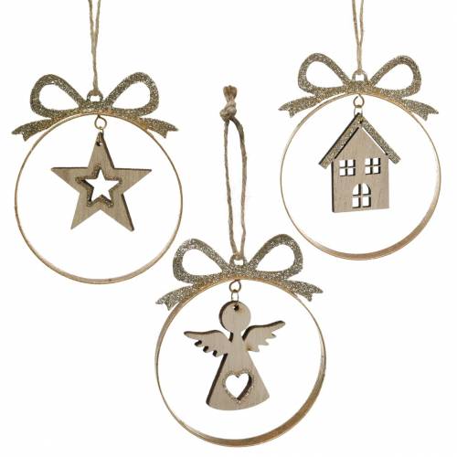 Floristik24 Appendino decorativo palla albero di Natale con stella, angelo e casa in metallo, legno Ø8,5cm H11cm 3 pezzi