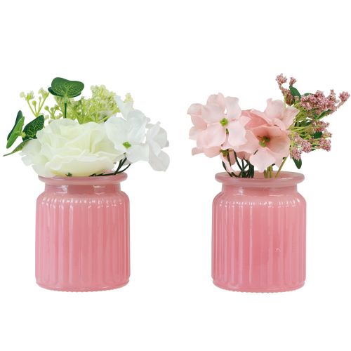 Rosa artificiale in vaso di vetro rosa bianco H16cm 2 pezzi