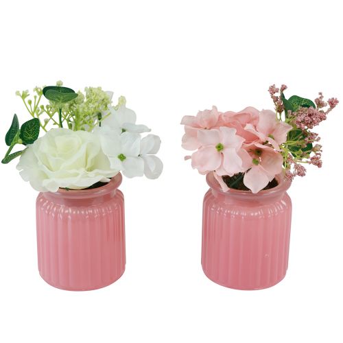 Floristik24 Rosa artificiale in vaso di vetro rosa bianco H16cm 2 pezzi