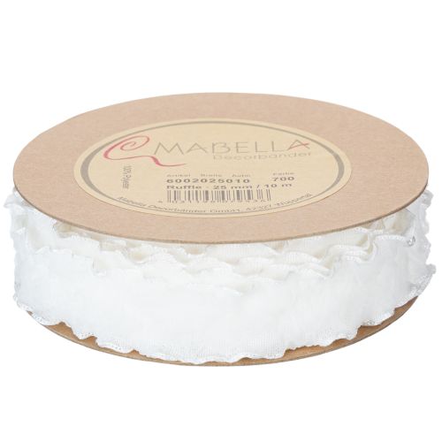 Nastro decorativo in organza bianca arricciata, largo 25 mm, lungo 10 m. | Floristik24.it