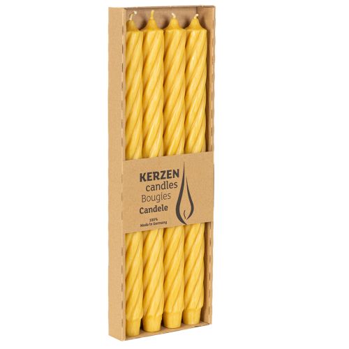 Candele rustiche a spirale, candele alte e affusolate, colore giallo tinta unita, 350/28 mm, confezione da 4 pezzi | Floristik24.it