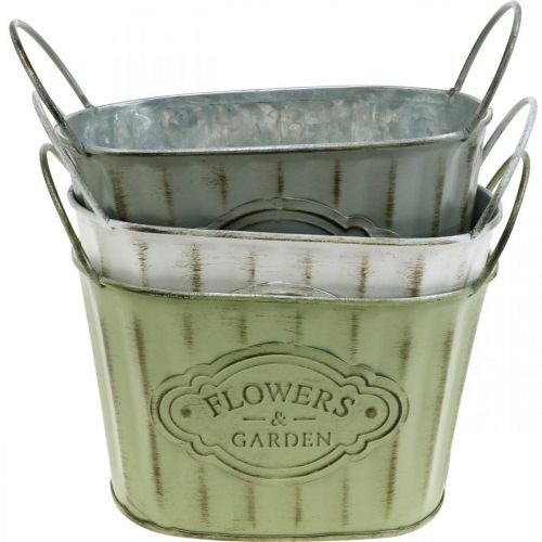 Floristik24 Vaso da fiori in metallo portapiante con manici verde, bianco, grigio L24cm H14,5cm 3 pezzi