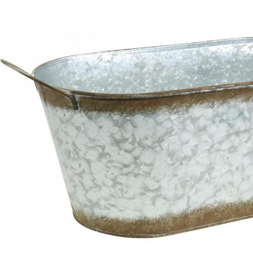 Floristik24 Contenitore in metallo per piantare, vaso per piante con manici, fioriera in argento, patina L45cm H17,5cm