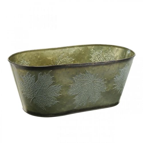 Floristik24 Vaso per fioriera per l&#39;autunno, decoro in metallo con decoro a foglia verde L38cm H15cm