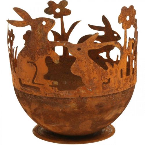Floristik24 Ciotola in metallo con conigli, decorazioni pasquali, fioriera per piantare patina Ø18cm H19,5cm