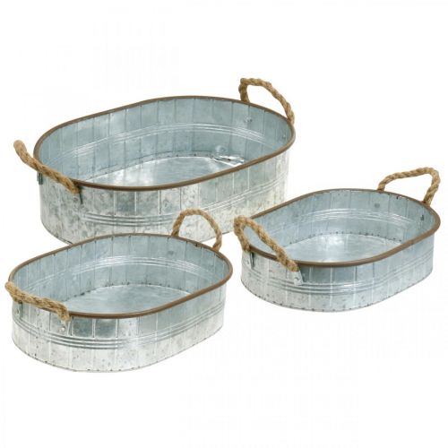 Floristik24 Vaso per piante con manici, ciotola per erbe aromatiche, base argento, marrone L39/35,5/32 cm H10/8,5/7 cm set di 3