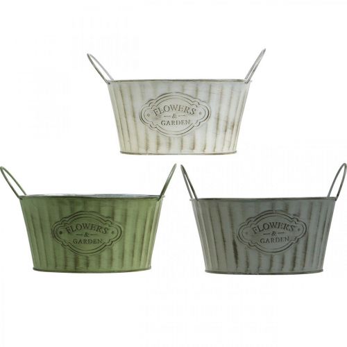Floristik24 Ciotola per piante in metallo, vaso per fiori primaverili, fioriera con manici verde, bianco, grigio Ø21cm H15,5cm set di 3