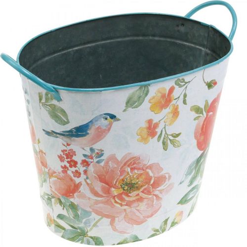 Vaso per piante ovale vintage in metallo con decorazione primaverile 27,5 cm