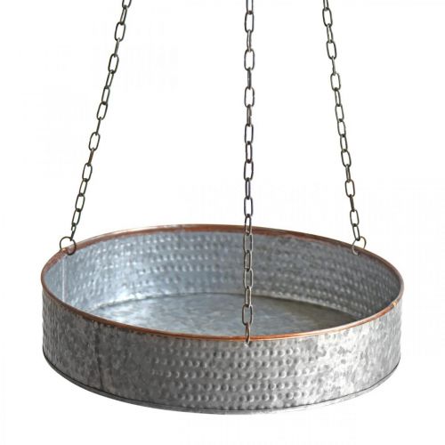 Floristik24 Ciotola per piante da appendere, vaso in metallo con catena argento, color rame Ø30/40m H9/9.5cm L98/112cm