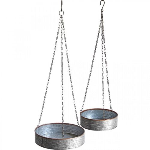 Floristik24 Ciotola per piante da appendere, vaso in metallo con catena argento, color rame Ø30/40m H9/9.5cm L98/112cm
