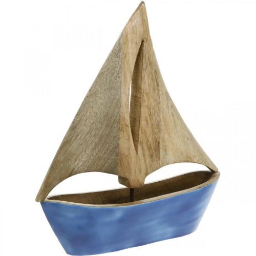 Floristik24 Deco barca a vela in legno di mango, nave in legno blu H27,5 cm