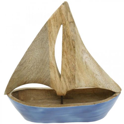 Floristik24 Deco barca a vela in legno di mango, nave in legno blu H27,5 cm