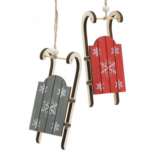 Slitta in legno, decoro invernale da appendere, decoro per l&#39;Avvento grigio/rosso L13cm 6pz