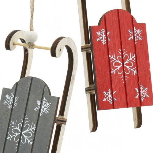 Floristik24 Slitta in legno, decoro invernale da appendere, decoro per l&#39;Avvento grigio/rosso L13cm 6pz