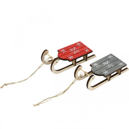 Floristik24 Slitta in legno, decoro invernale da appendere, decoro per l&#39;Avvento grigio/rosso L13cm 6pz