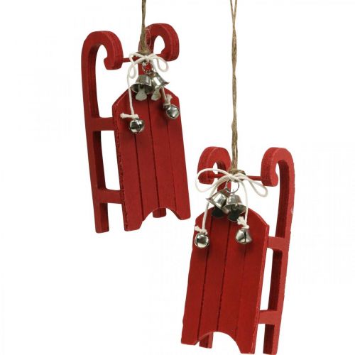 Floristik24 Slitta decorativa in legno rossa con corda per campanello L13cm 4 pezzi