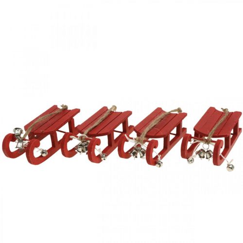 Floristik24 Slitta decorativa in legno rossa con corda per campanello L13cm 4 pezzi