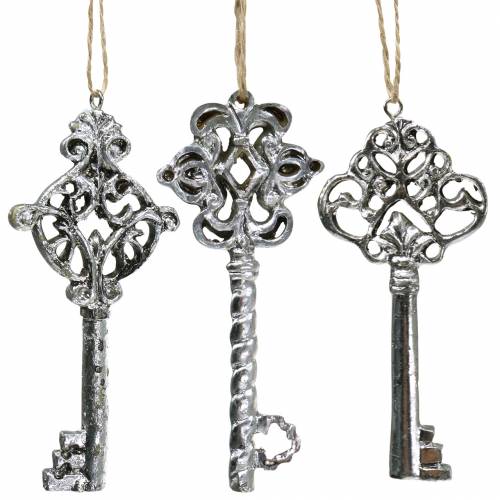 Floristik24 Chiave Deco da appendere argento antico 10cm 3pz