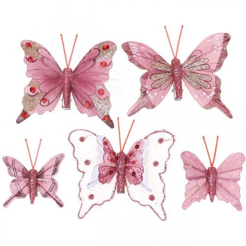 Farfalle decorative con clip, farfalle di piume rosa 4,5–8 cm 10 pezzi
