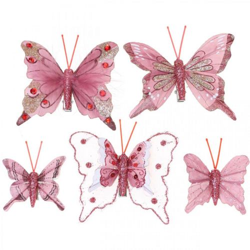 Floristik24 Farfalle decorative con clip, farfalle di piume rosa 4,5–8 cm 10 pezzi