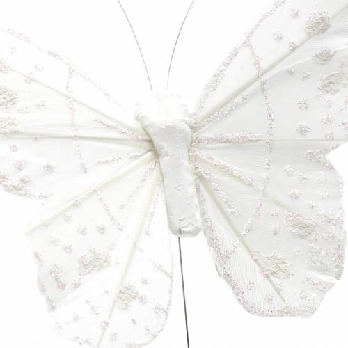 Prodotto Farfalla piuma su filo bianco con glitter 10cm 12 pezzi