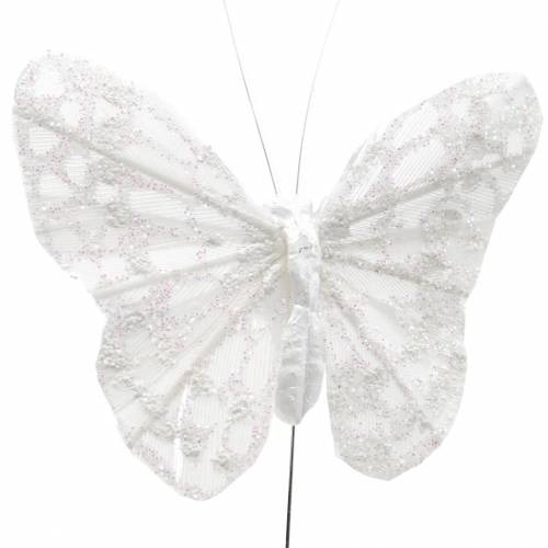 Floristik24 Farfalla piuma con filo bianco, glitter 5 cm 24 pz