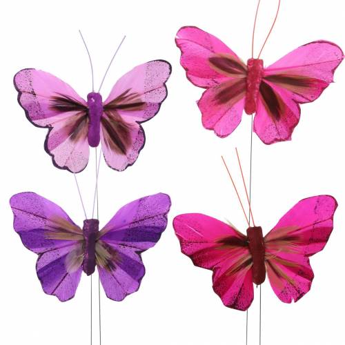Floristik24 Farfalla piuma con filo 7 cm rosa viola 24 pz