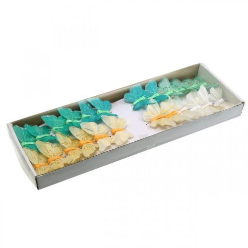 Floristik24 Farfalla con glitter, tappo decorativo, farfalla piuma primavera giallo, turchese, verde 4×6,5 cm 24 pz