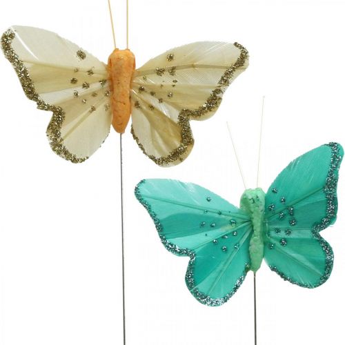 Floristik24 Farfalla con glitter, tappo decorativo, farfalla piuma primavera giallo, turchese, verde 4×6,5 cm 24 pz