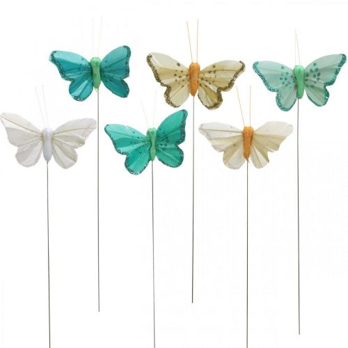 Floristik24 Farfalla con glitter, tappo decorativo, farfalla piuma primavera giallo, turchese, verde 4×6,5 cm 24 pz