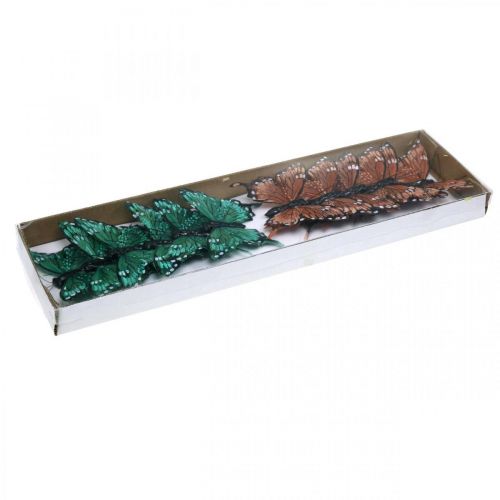 Floristik24 Farfalle decorative, decorazioni primaverili, farfalle di piume, spine per piante verdi, marroni 9,5×12,5 cm 12 pezzi
