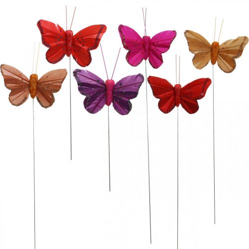 Floristik24 Primavera, farfalle di piume con mica, farfalla decorativa rossa, arancione, rosa, viola 4×6,5 cm 24 pezzi