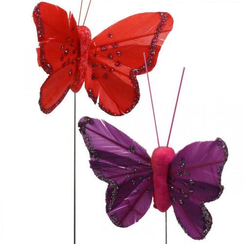 Floristik24 Primavera, farfalle di piume con mica, farfalla decorativa rossa, arancione, rosa, viola 4×6,5 cm 24 pz