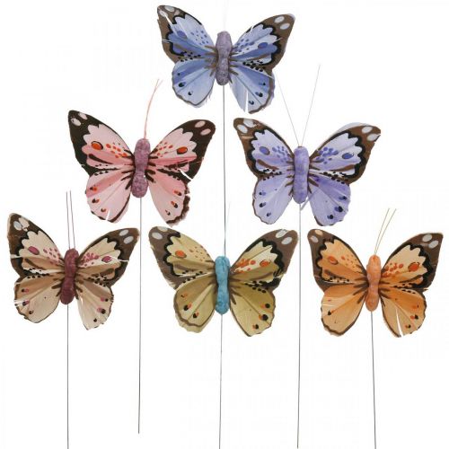 Floristik24 Farfalle di piume, farfalle decorative su un bastoncino, spine di fiori rosa, arancio, viola, marrone, blu, beige 6×8cm 12pz