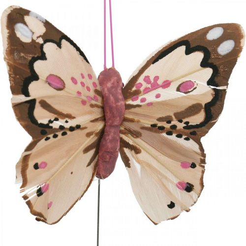 Floristik24 Farfalle di piume, farfalle decorative su un bastoncino, spine di fiori rosa, arancio, viola, marrone, blu, beige 6×8cm 12pz