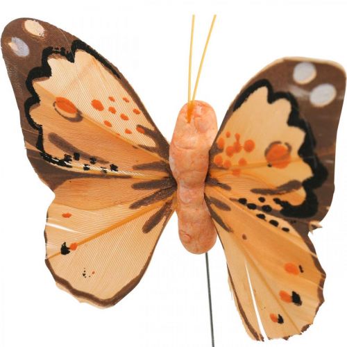 Floristik24 Farfalle di piume, farfalle decorative su un bastoncino, spine di fiori rosa, arancio, viola, marrone, blu, beige 6×8cm 12pz