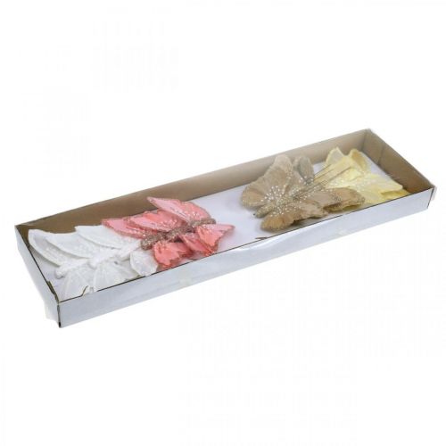Floristik24 Farfalle con mica, decorazione matrimonio, tappo decorativo, farfalla piuma gialla, beige, rosa, bianca 9,5×12,5 cm 12 pz