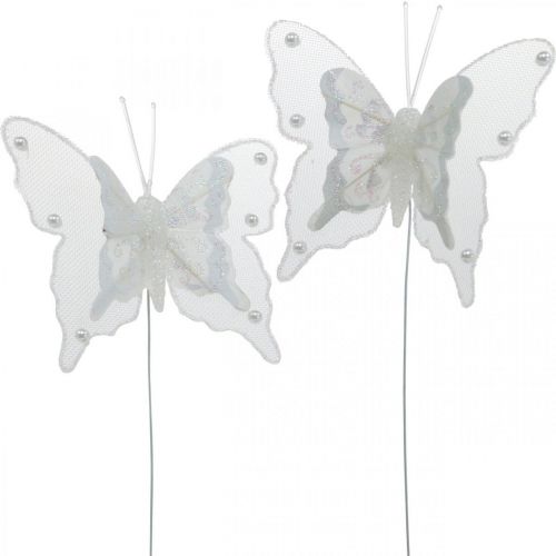 Floristik24 Farfalle con perle e mica, decorazione nuziale, farfalla piuma su filo bianco