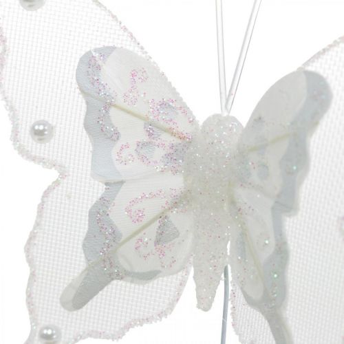 Floristik24 Farfalle con perle e mica, decorazione nuziale, farfalla piuma su filo bianco