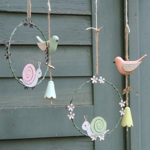 Floristik24 Anello decorativo con chiocciola, decoro primaverile, decoro in metallo verde / rosa Ø14,5cm set di 2
