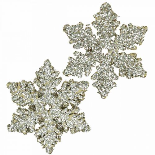 Floristik24 Fiocco di neve legno 4cm oro chiaro con mica 72pz